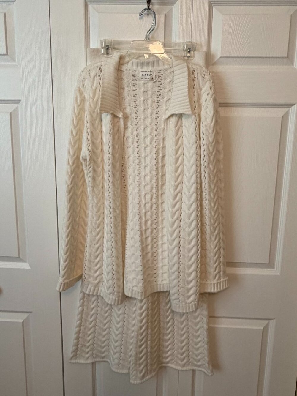 Sabo Cream colored cable knit cardigan and slack set